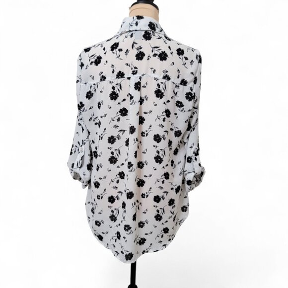 BCX Size L White with Black Floral Print Button Front Blouse, Exc. Used Cond. - Picture 7 of 15